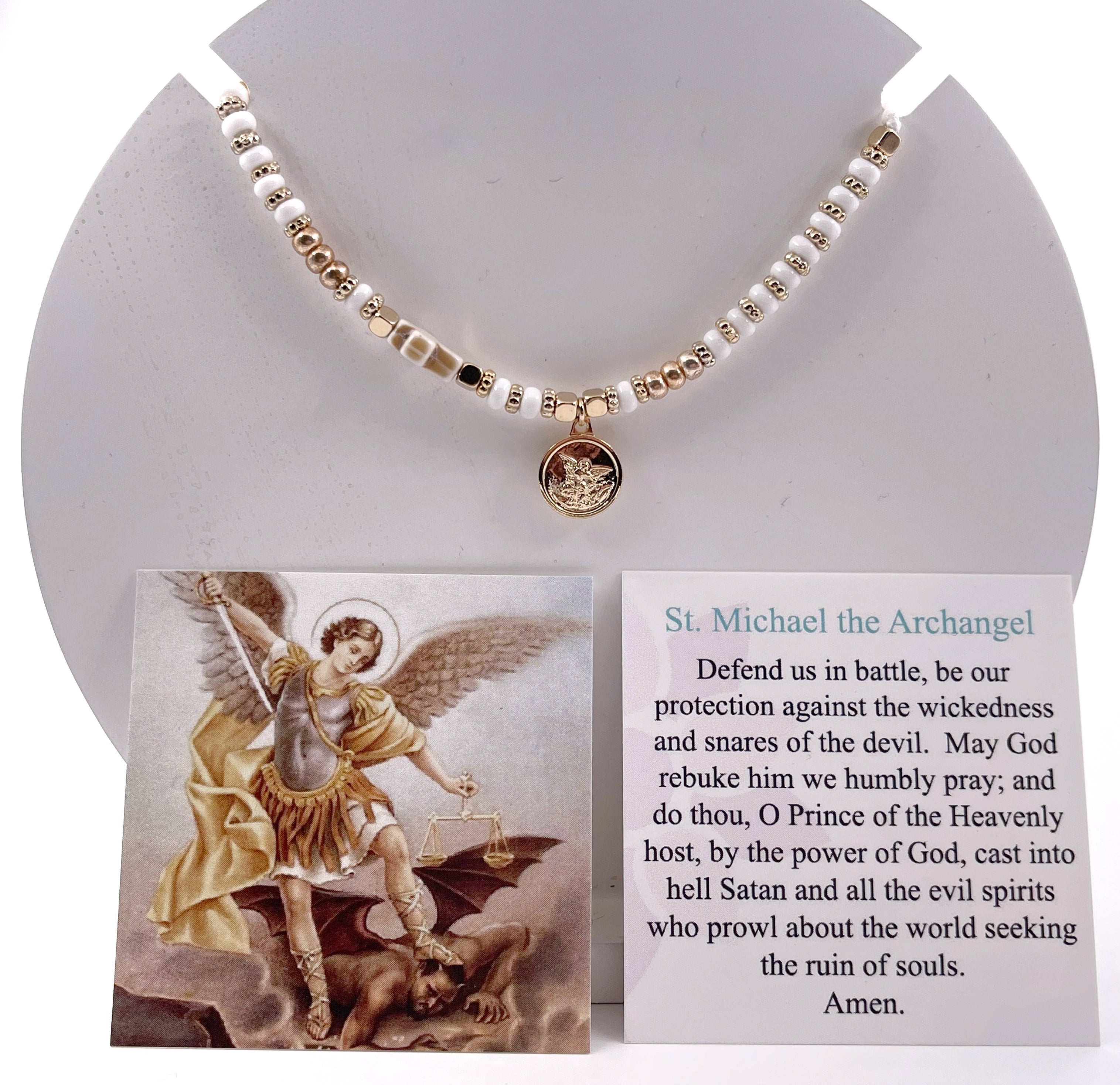 Saint Michael Archangel Beaded Adjustable Catholic Guardian Angel Gold Bracelet for Women