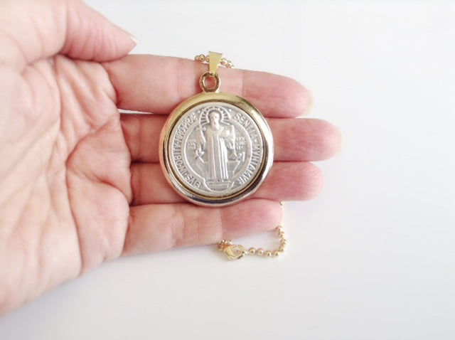 St. Benedict Pendant Necklace Military 18K Gold Plated Chain